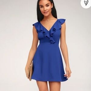 NEW. NWT,LULUS triana royal blue ruffled backless dress, Size L